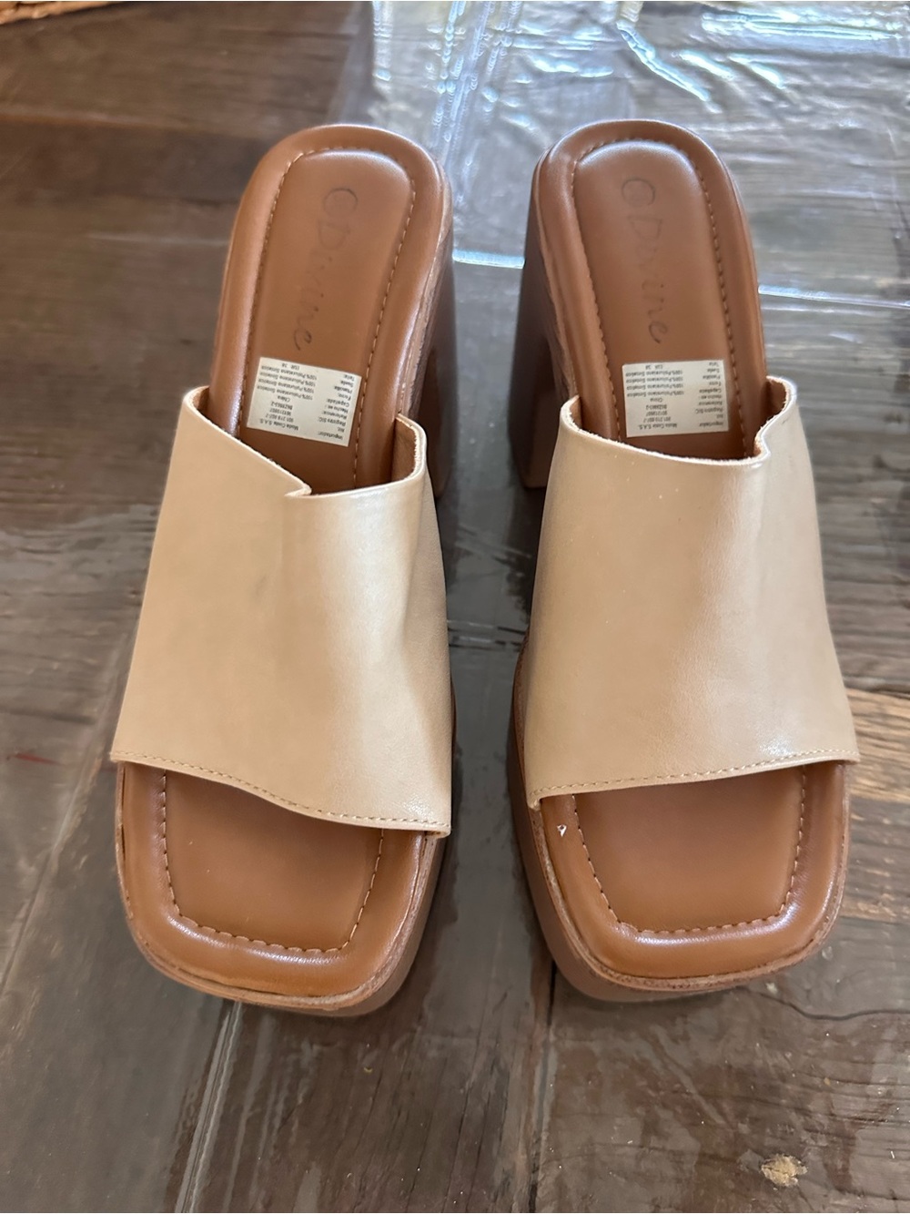 Neutral Beige Slide Platform Mules with Block Heel - Women